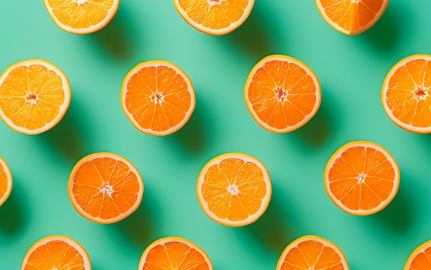 Softlight summer pattern made with oranges over bright green background Minimal trendy food