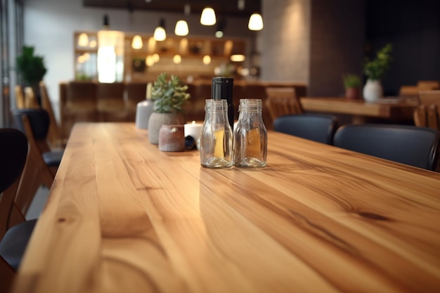 Softly blurred restaurant ambiance complements the wooden table's top