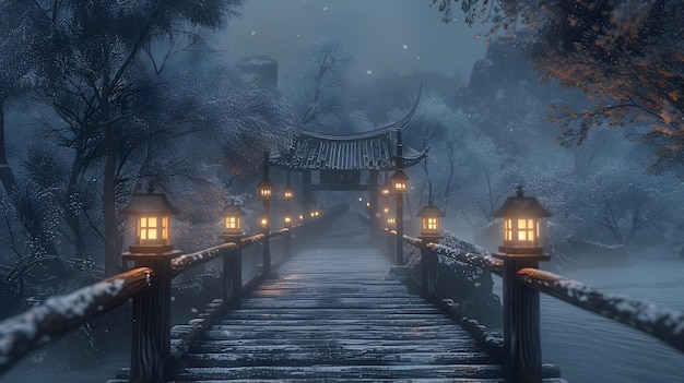 Photo softly glowing lanterns lead across icy bridge ai generated