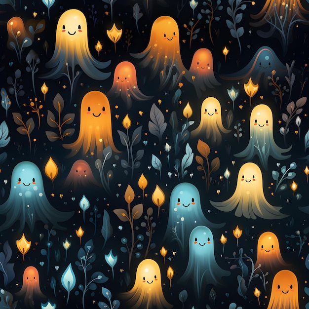 Softly Illuminated Ghosts Dark Background Vector Seamless Pattern