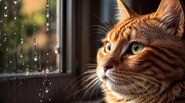 Softly Lit Observer Photorealistic Oyen Cat Captures Rainy Window Beauty