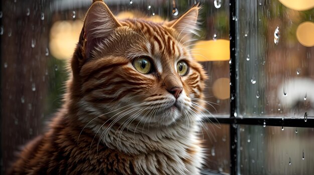 Softly Lit Observer Photorealistic Oyen Cat Captures Rainy Window Beauty