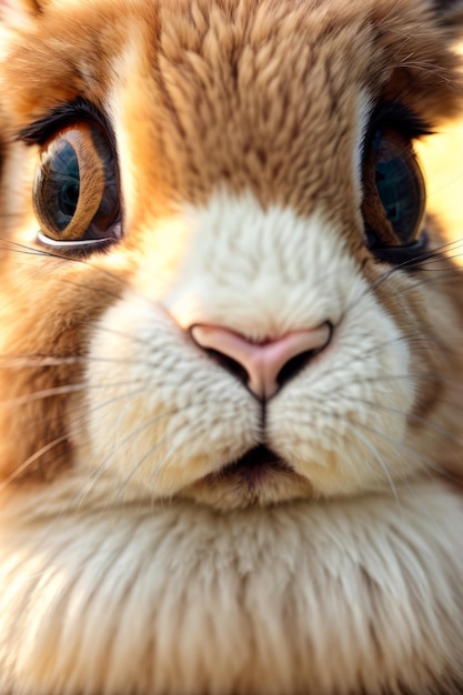 Foto ciondolo di coniglio dolcemente illuminato primo piano di soffice pelliccia e occhi espressivi che attirano la tua attenzione