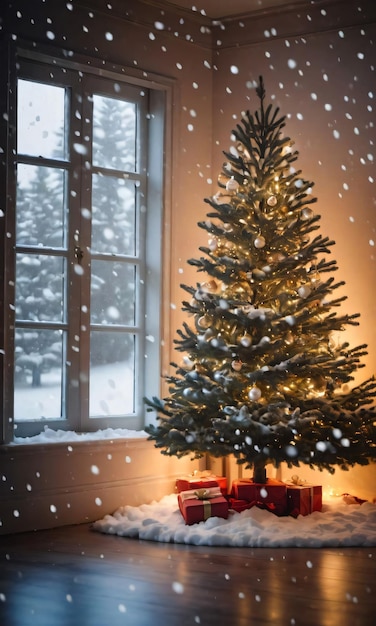 A Softly Lit Room With A Christmas Tree And Snow Falling Outside