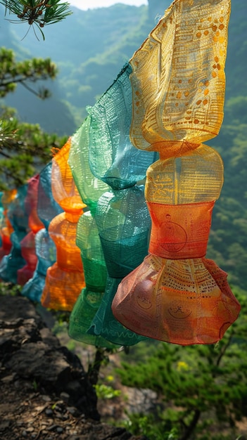Softly lit tibetan prayer flags fluttering in the wind the mantras blur with the cloth
