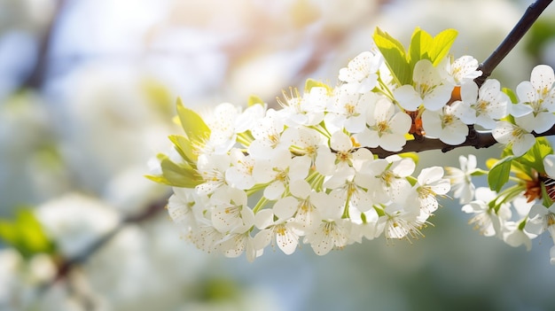 Foto i fiori di ciliegio bianchi leggermente illuminati annunciano l'inizio di una primavera vibrante