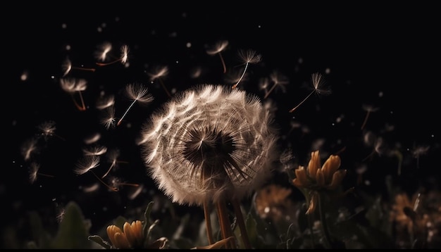 Photo softness and fragility of dandelion seed flying away generated by ai