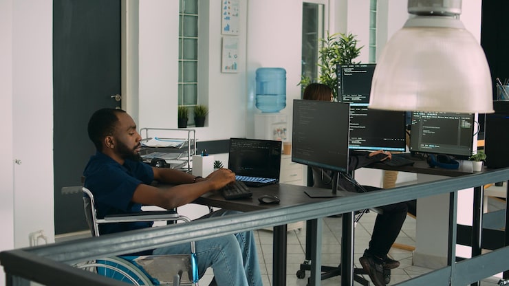 Photo software app coder in wheelchair writing programming language on computer, using big data and firewall server. system engineer with physical impairment in disability friendly agency.