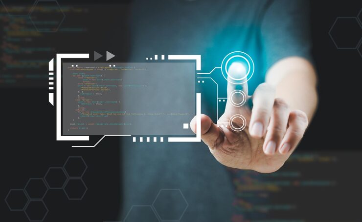 Photo software apps binary coding technology developer and it revolution digital software development programmer working on java script computer code with virtual screen programming code technology