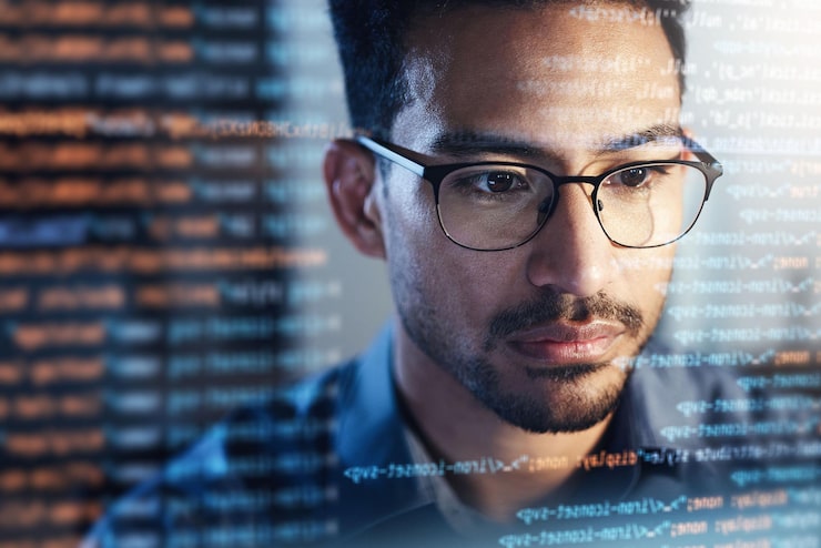 Photo software coding hologram and man in data analytics information technology overlay or html at night programmer or it person in glasses reading website script programming and cybersecurity research