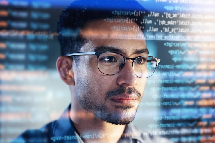 Photo software coding hologram and man thinking of data analytics night cybersecurity and 3d screen overlay programmer or it person in glasses reading html script programming and cybersecurity research