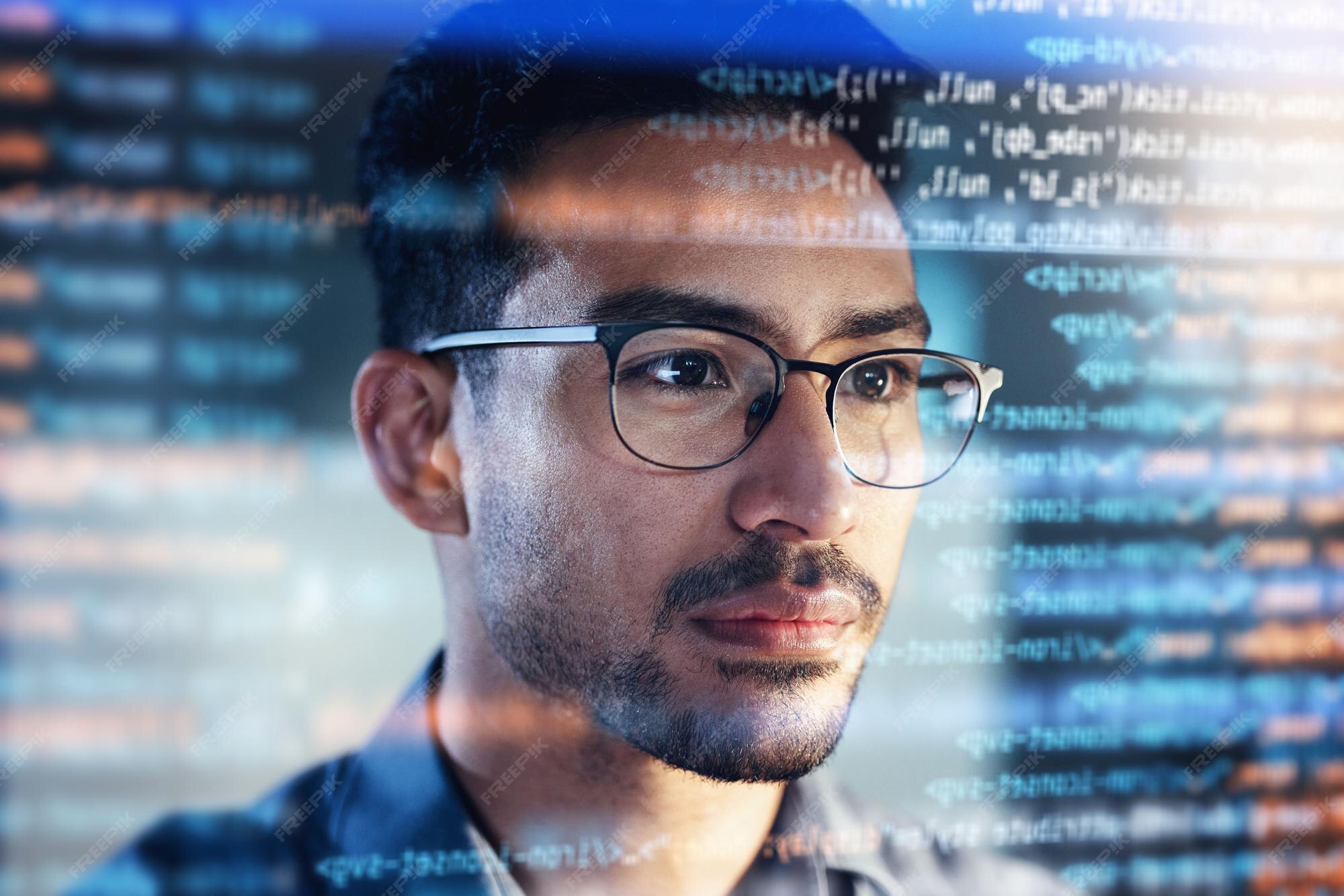 Premium Photo | Software coding hologram and man thinking of data ...