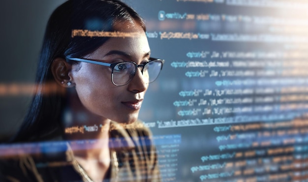 Software data hologram and woman with code analytics information technology and gdpr overlay Programmer coding or IT person in glasses reading html script programming and cyber security research
