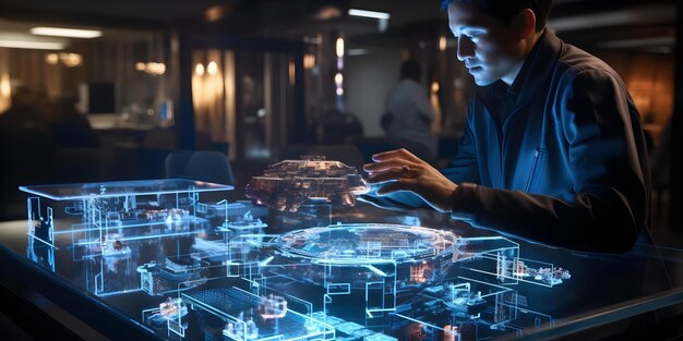 software developer analyzing holographic interfaces using cuttingedge coding technology in dynamic setting concept technology holographic interfaces software development coding technology