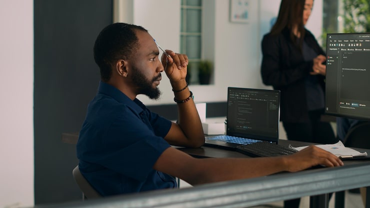 Photo software developer brainstorming ideas to write code and create new interface in data room. system engineer programming server database in busy artificial intelligence developing agency.