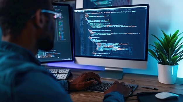 software developer coder immersed in coding working on laptop innovation driving forward development of modern digital solutions