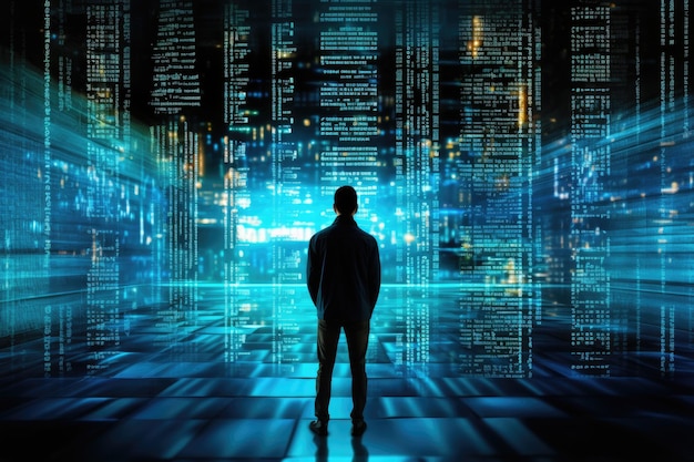 software developer coding in abstract technology background computer programming code and computer