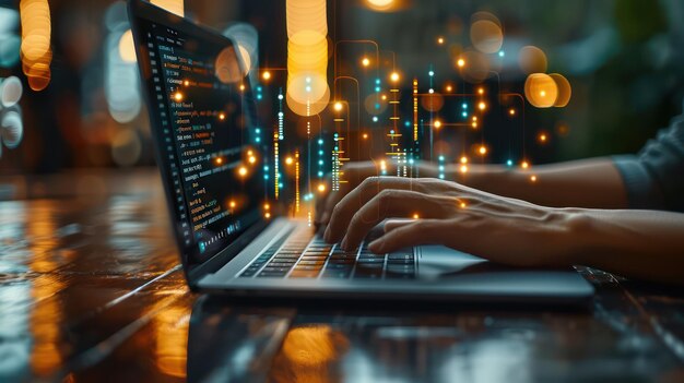 software developer coding on laptop building innovative software solutions concepts programming technology data analysis cybersecurity