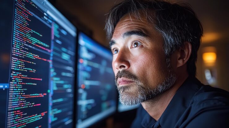 Photo software developer coding on multiple screens utilizing cloud infrastructure for scalability and efficient workflow