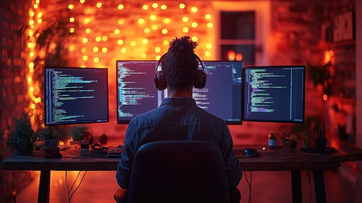 Photo software developer coding on multiple screens utilizing cloud infrastructure for scalability and efficient workflow