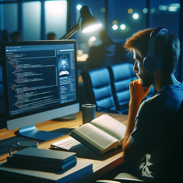 Разработчик программного обеспечения в вечерней учебной сессии сидит за своим столом погруженный в онлайн