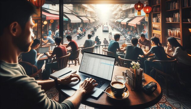 A software developer in an evening learning session sitting at their desk immersed in an online