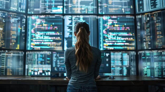 a software developer a female freelancer working in a room with multiple screens the programmer develops new web applications for desktop computers mobile applications