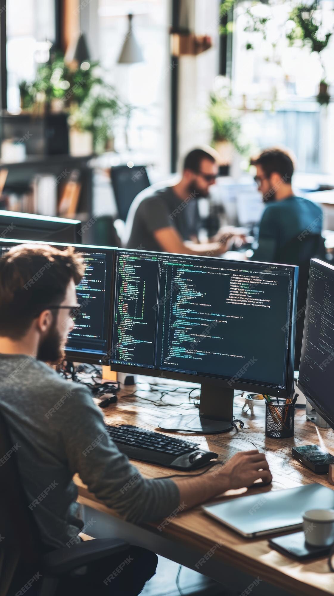 Software developer focusing on code displayed on multiple monitors in a ...