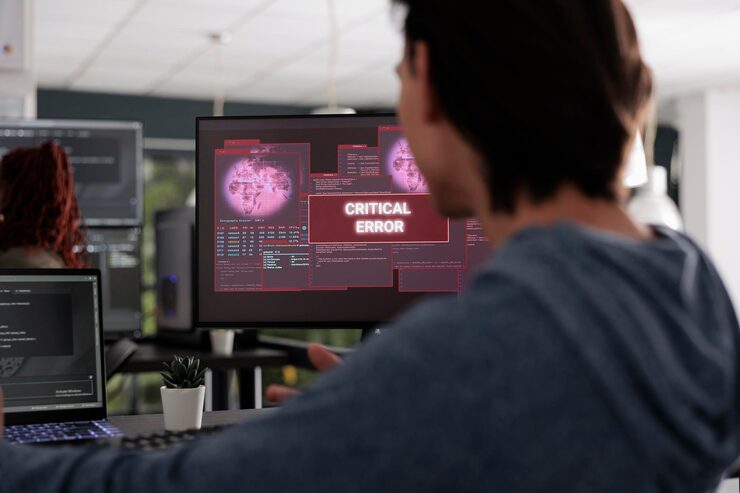 Photo software developer looking at display writing code encountering hacking alert on computer, dealing with unexpected system error and message flashing on screen. cyber security development office.