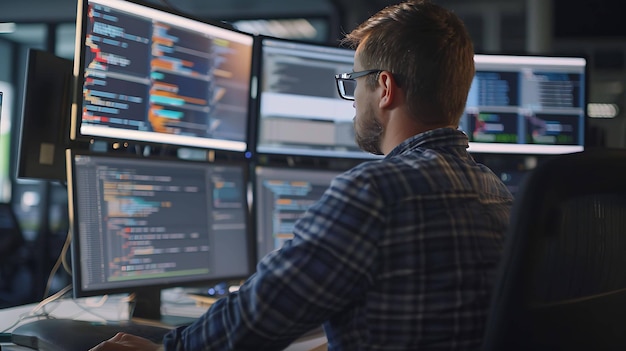 Software developer looking at multiple computer screens while coding