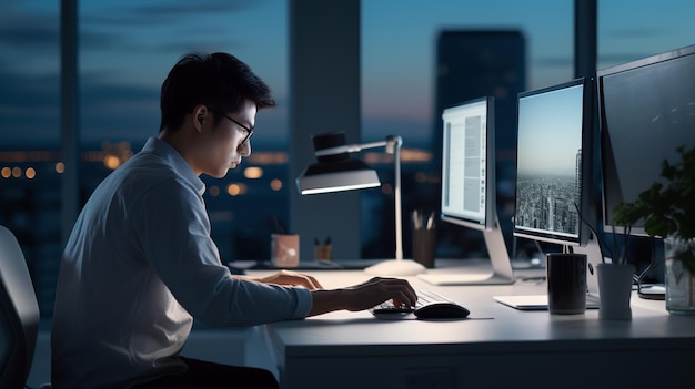 Software developer male asian at workplace ai generated image wallpaper