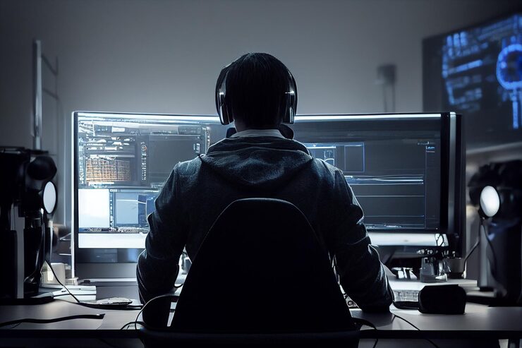 Photo software developer programmer hacker coding scripts for cybersecurity company programming and working from home late at night generative ai