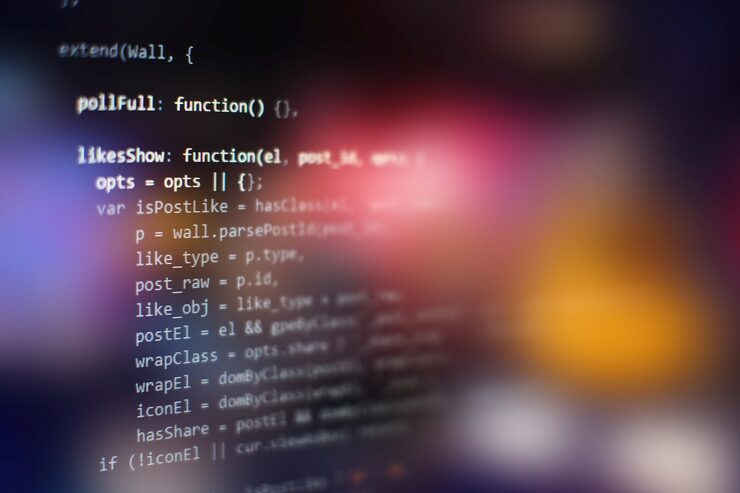 Photo software developer programming code. abstract computer script code. selective focus