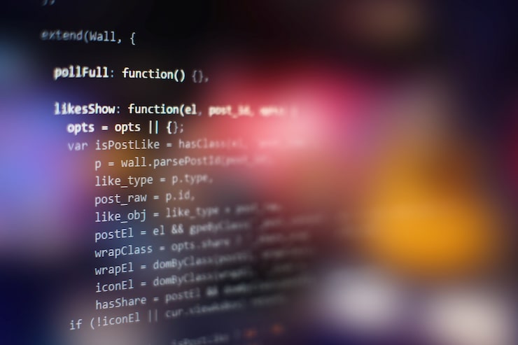 Photo software developer programming code. abstract computer script code. selective focus