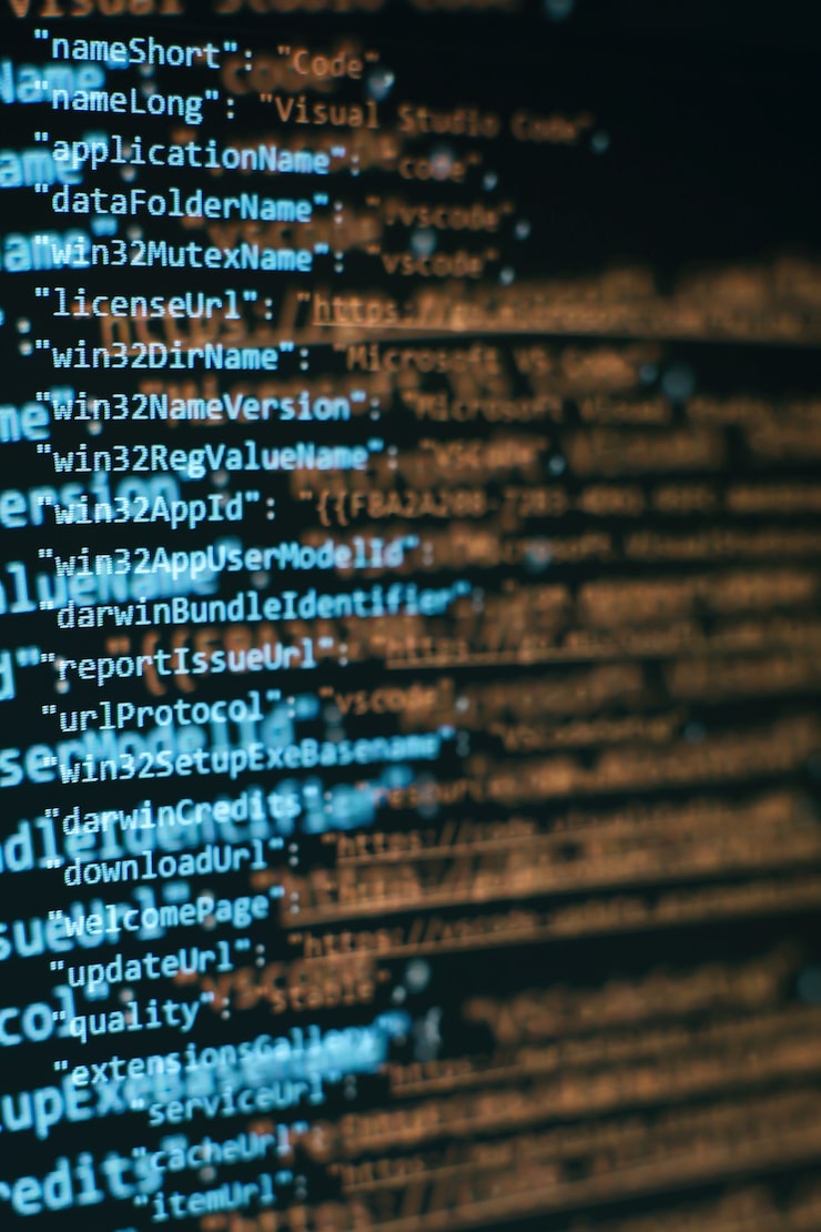 Photo software developer programming code. abstract computer script code. selective focus