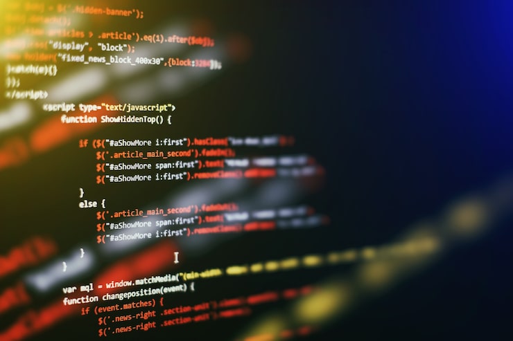 Photo software developer programming code. abstract computer script code. selective focus