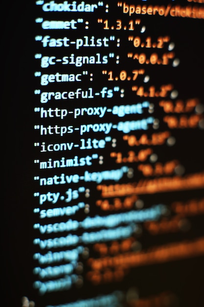 Foto codice di programmazione per sviluppatori software. codice di script di computer astratto. messa a fuoco selettiva