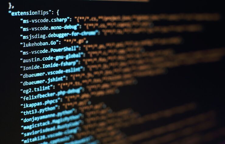 Photo software developer programming code. abstract computer script code. selective focus