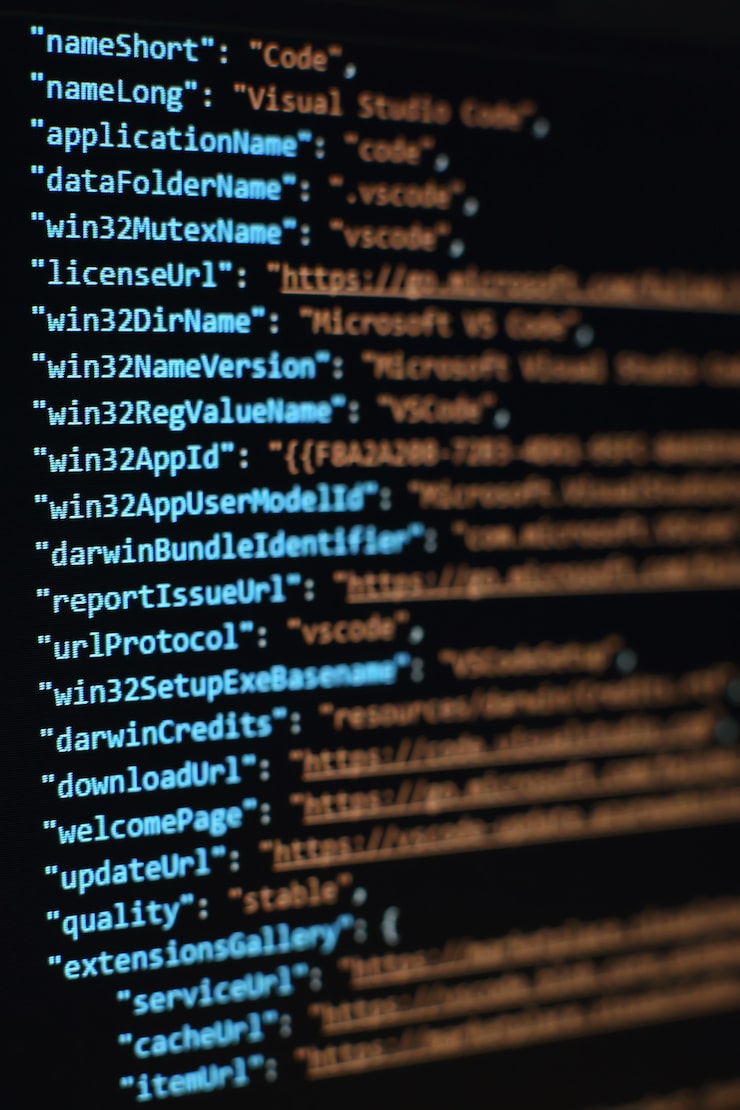 Photo software developer programming code. abstract computer script code. selective focus