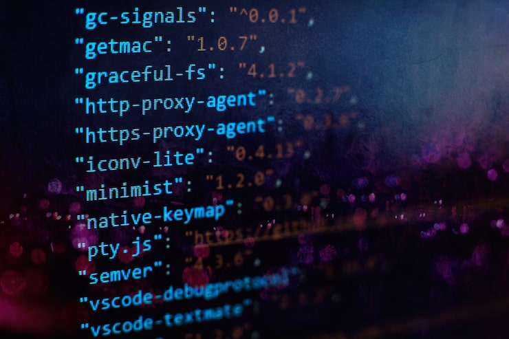 Photo software developer programming code. abstract computer script code. selective focus