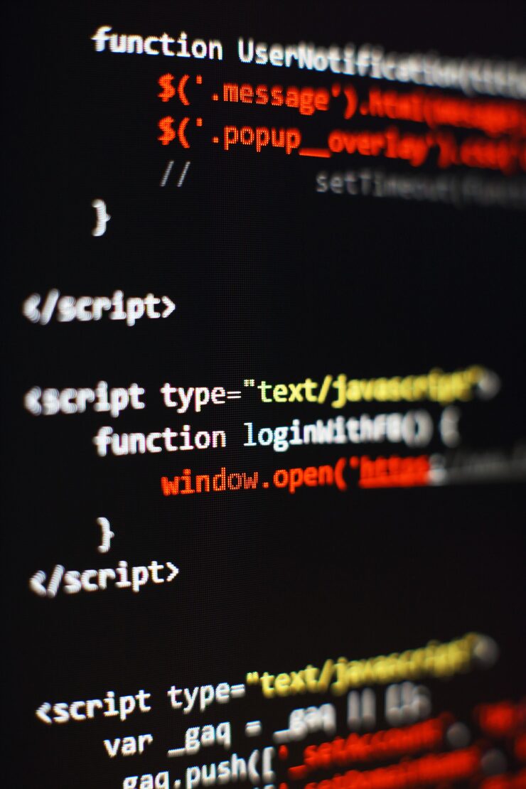 Photo software developer programming code. abstract computer script code. selective focus