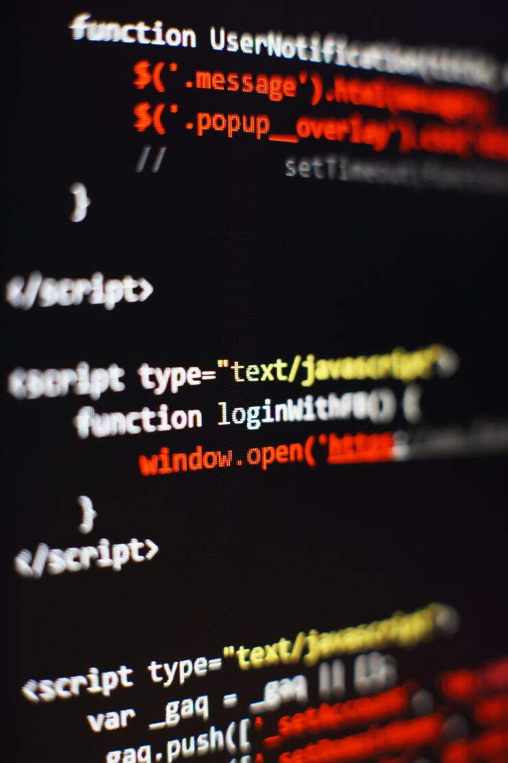 Photo software developer programming code. abstract computer script code. selective focus