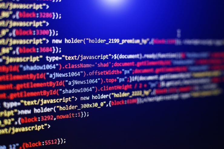 Photo software developer programming code. abstract computer script code. selective focus