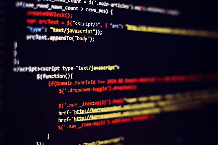 Photo software developer programming code. abstract computer script code. selective focus