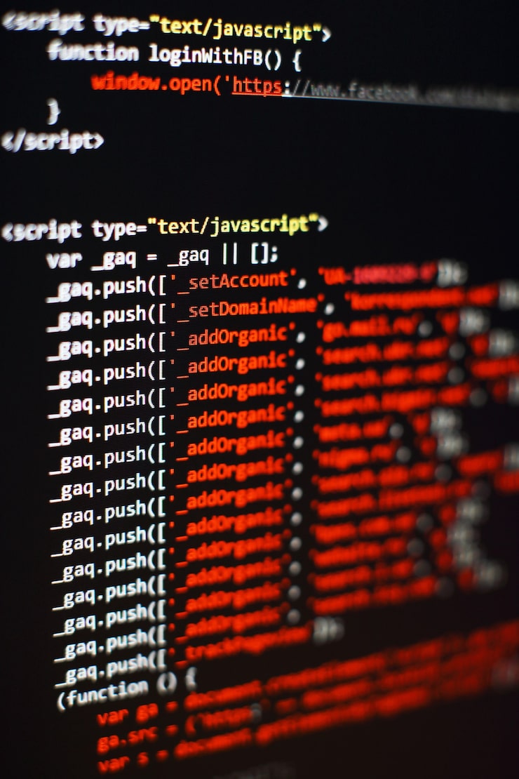 Photo software developer programming code. abstract computer script code. selective focus