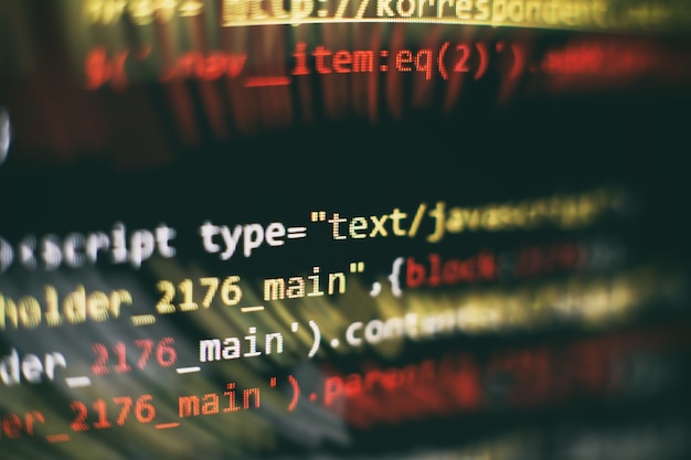 Foto codice di programmazione per sviluppatori software. codice di script di computer astratto. messa a fuoco selettiva
