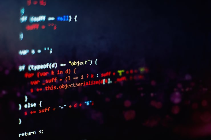 Photo software developer programming code. abstract computer script code. selective focus