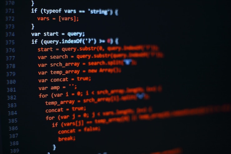 Photo software developer programming code. abstract computer script code. selective focus