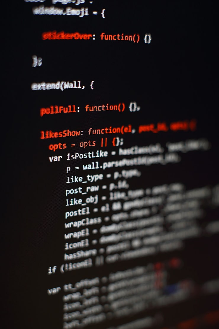 Photo software developer programming code. abstract computer script code. selective focus