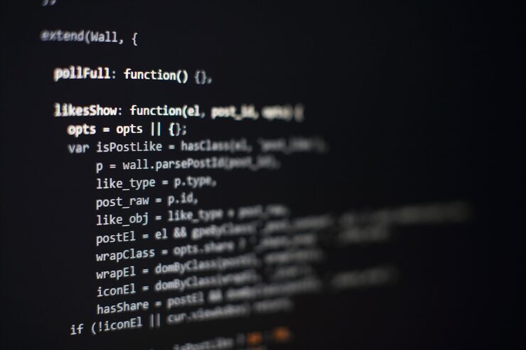 Photo software developer programming code. abstract computer script code. selective focus